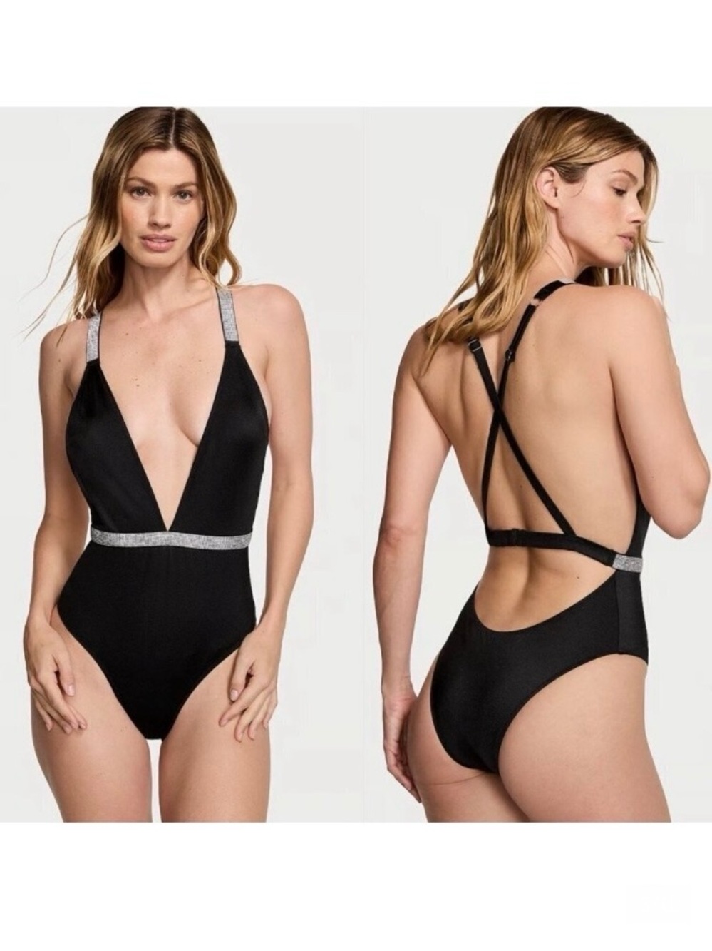 Victoria Secret Size XL Shine Strap Plunge One Piece Swimsuit Bikini LOGO Black